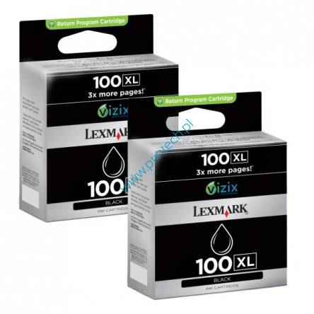 Zestaw dwóch czarnych oryginalnych atramentowych wkładów drukujących Lexmark 100XL - 14N0848E - Powiększona wydajność 2 x 600 stron. Do użycia w: Lexmark Impact S305, Lexmark Interpret S405, Lexmark Intuition S505, Lexmark Interact S605, Lexmark Prospect Pro205, Lexmark Prevail Pro705, Lexmark Prestige Pro805, Lexmark Platinum Pro905. Tusze LEXMARK Wrocław. Hurtownia LEXMARK Wrocław. Dystrybutor LEXMARK – Producent zamienników do drukarek LEXMARK